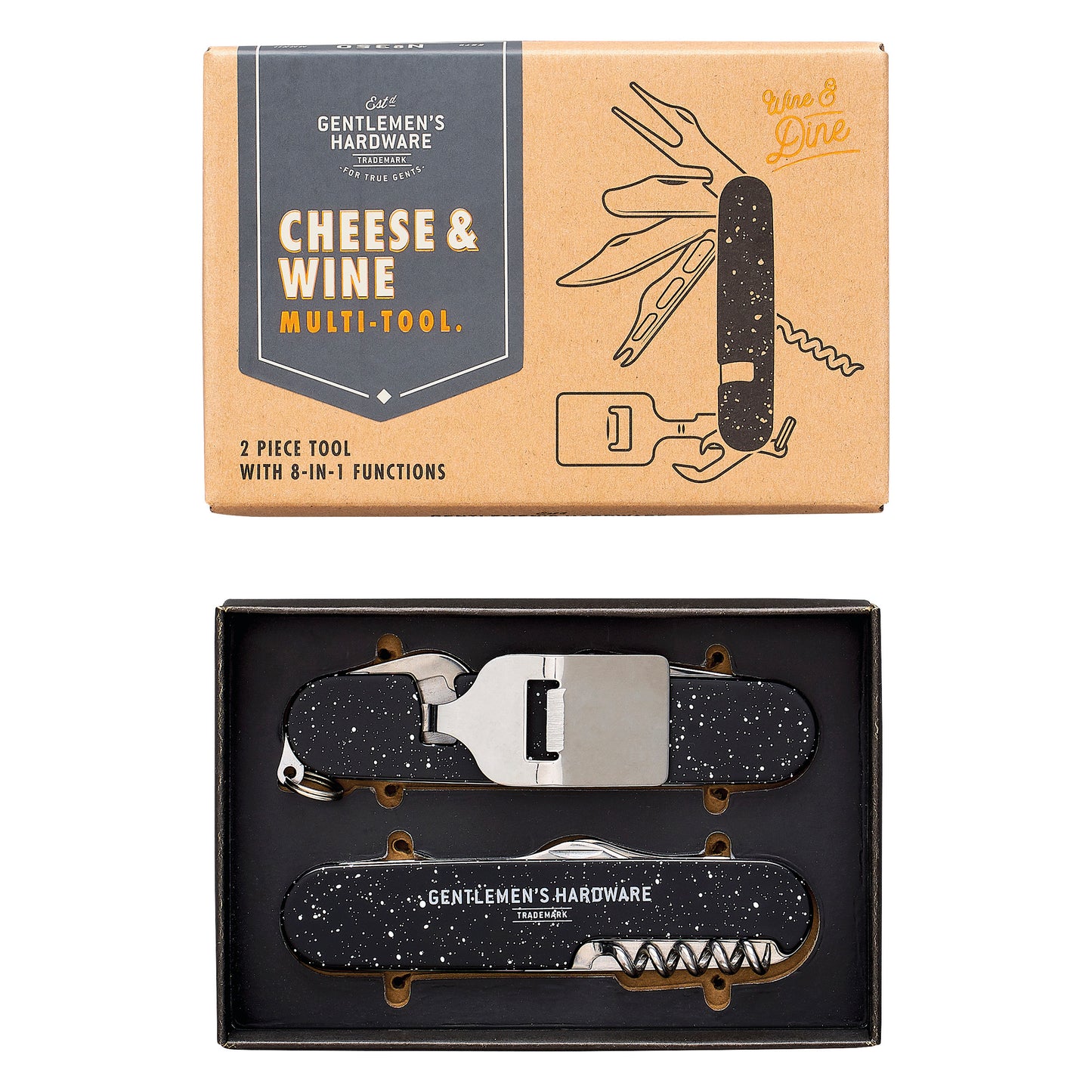 Box featuring the Cheese and Wine Multi-Tool by Gentlemens Hardware, crafted from black stainless steel with multiple functions—ideal for charcuterie—elegantly presented in open packaging.
