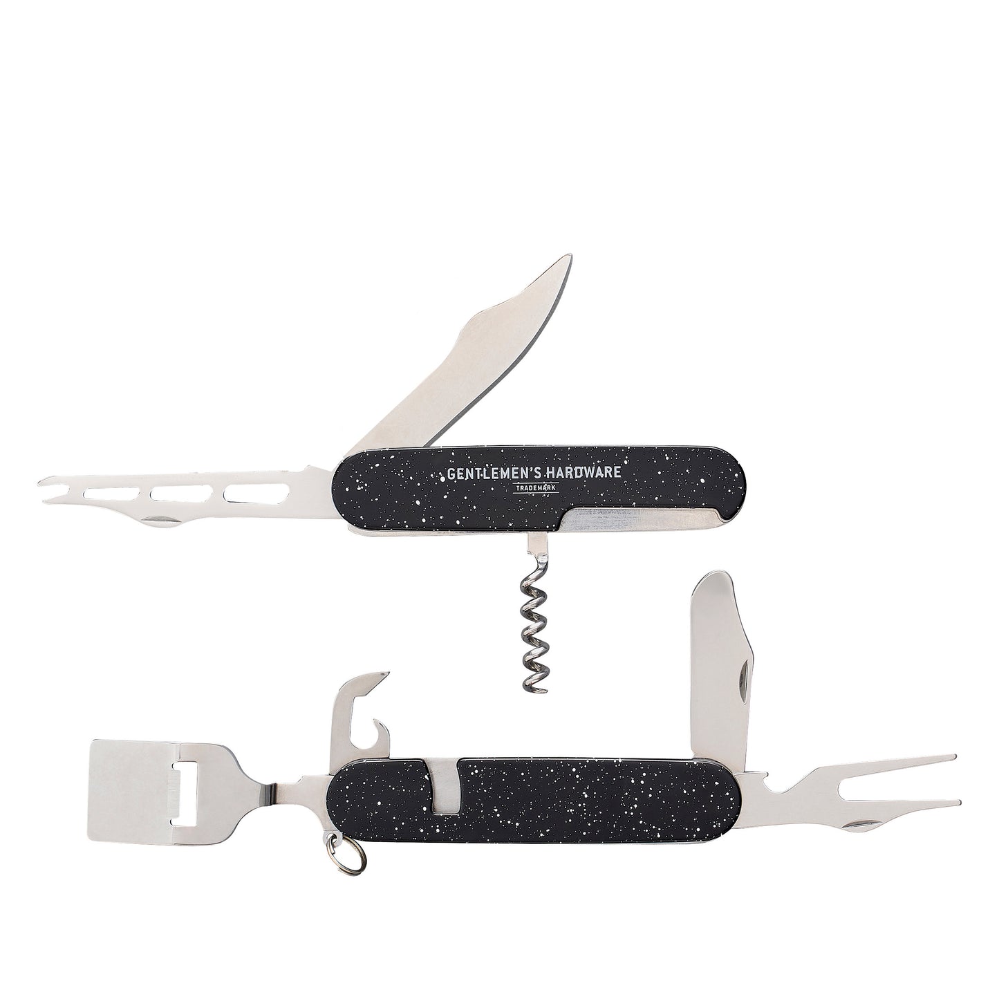 The Cheese and Wine Multi-Tool, shown in black and silver stainless steel on a white background, features fold-out functions like a knife, corkscrew, bottle opener, and fork—perfect for charcuterie lovers.