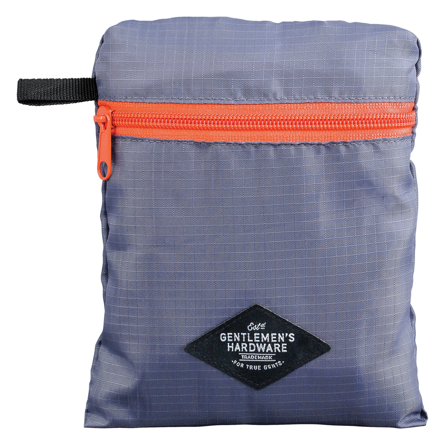A gray water-resistant Foldaway Back Pack with an orange zipper, black loop, and a front patch labeled Gentlemens Hardware.