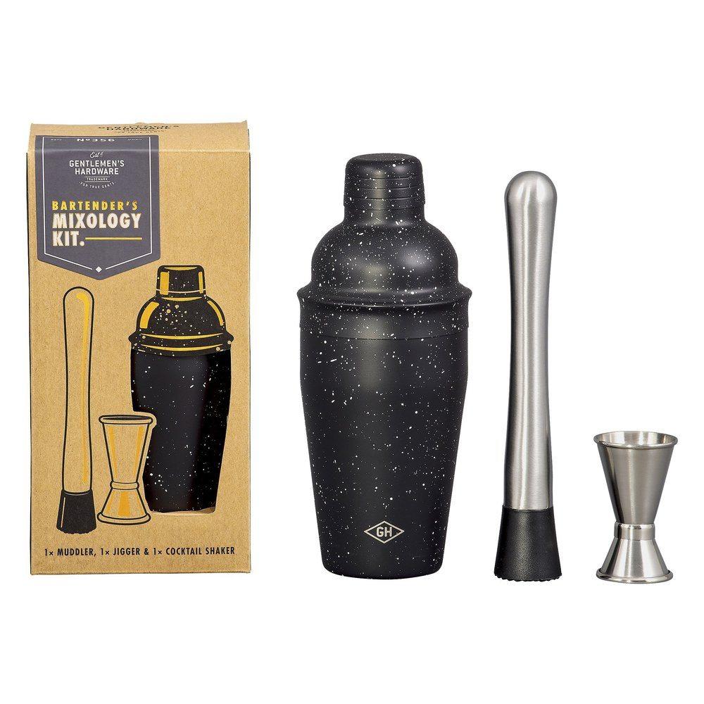 Bartenders Mixology Kit includes a black cocktail shaker, stainless steel muddler, and double jigger—everything you need to refine your mixology skills. Packaged in premium style against a sleek white background.