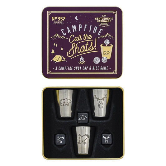 The Campfire Call The Shots Shot Cup and Dice Game includes four metal shot cups with spirit animal designs and four dice in a black foam insert—an ideal campfire companion.
