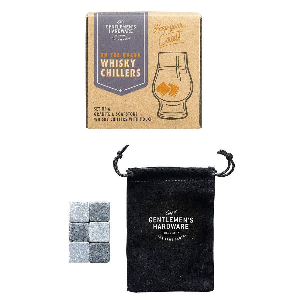 A set of six grey Whisky Chillers comes with a black branded pouch and a brown box labeled “Whisky Chillers,” shown on a white background—ideal for keeping drinks cold without dilution.