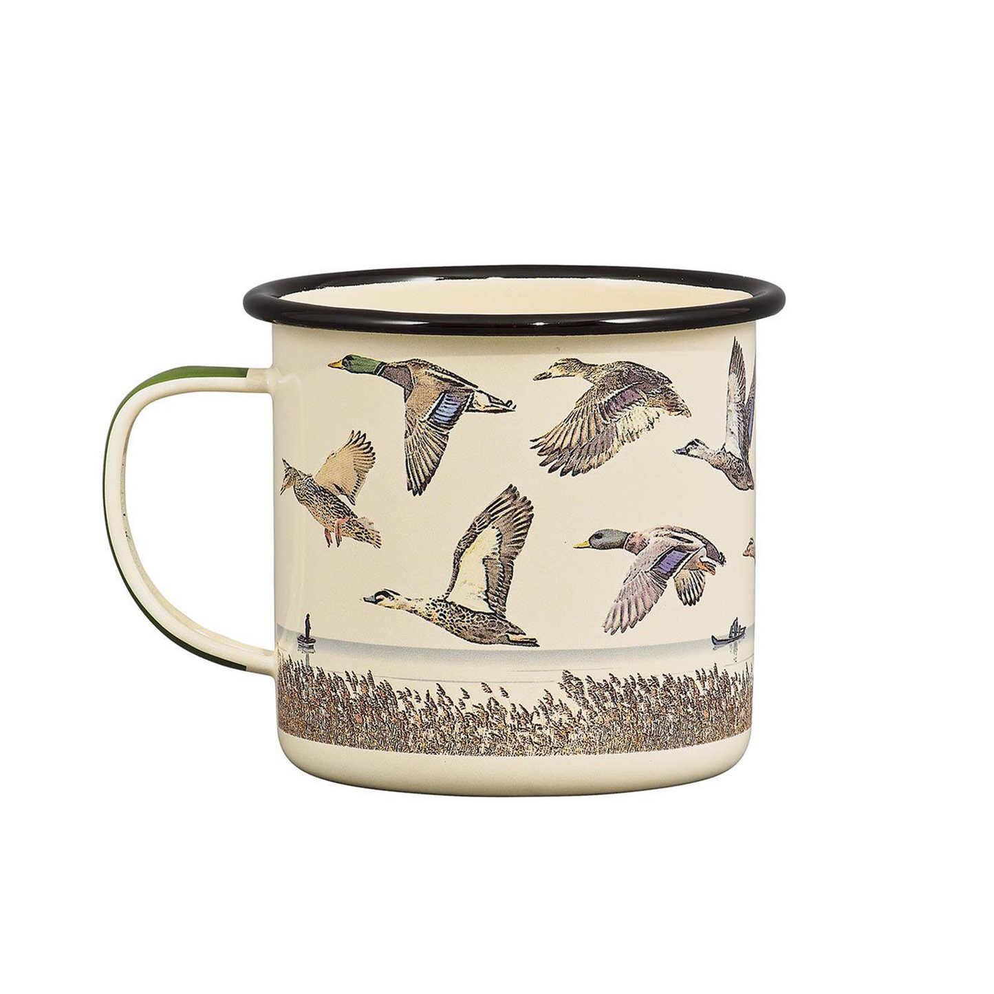 The Enamel Mug - Lake & Ducks 17 fl oz features a cream enamel finish with a black rim and illustrations of flying ducks over a marsh, making it perfect for outdoor adventures.