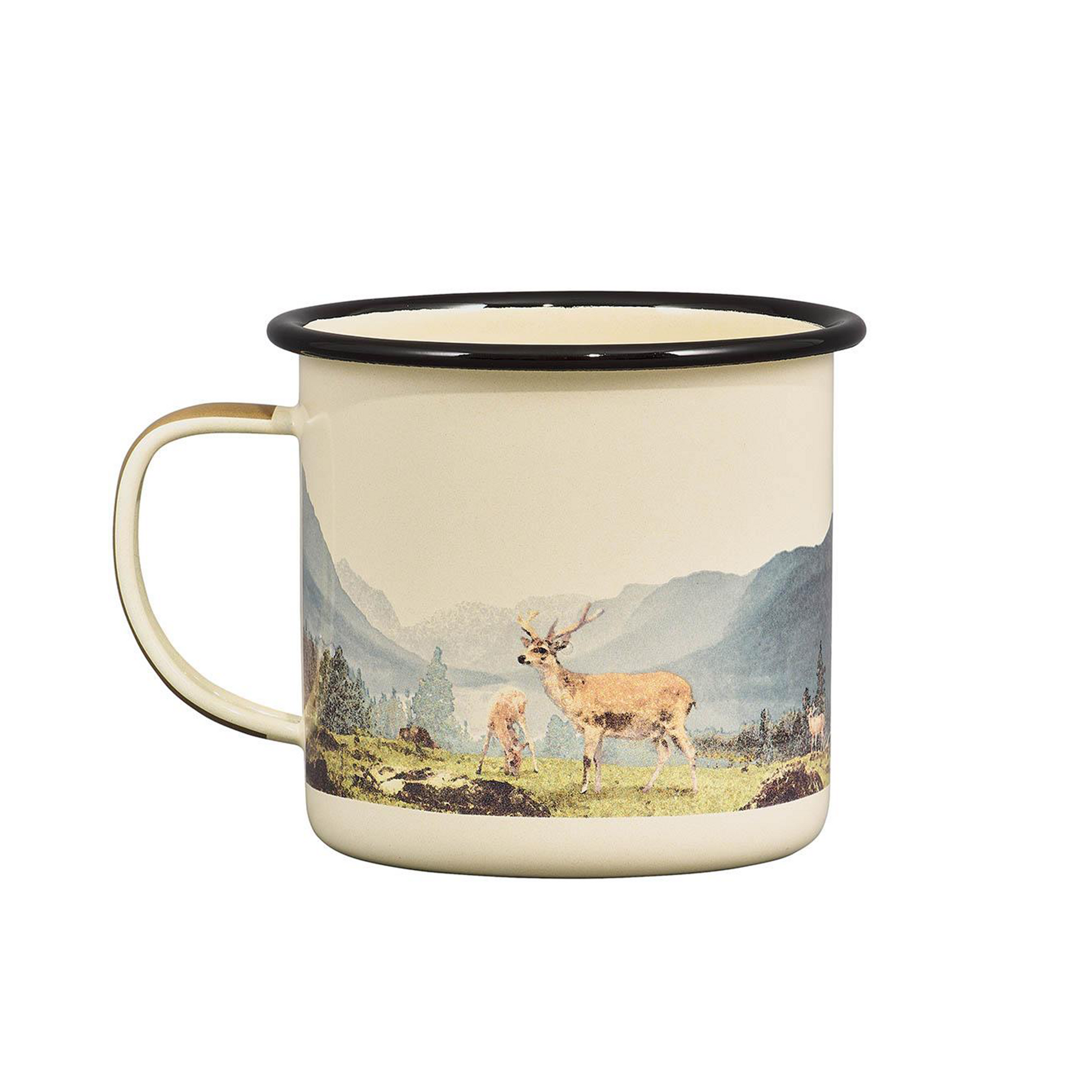 The Enamel Mug - Great Outdoors Deer 17 fl oz is a cream mug with a black rim, featuring two deer in a grassy mountain landscape—perfect for your next adventure.