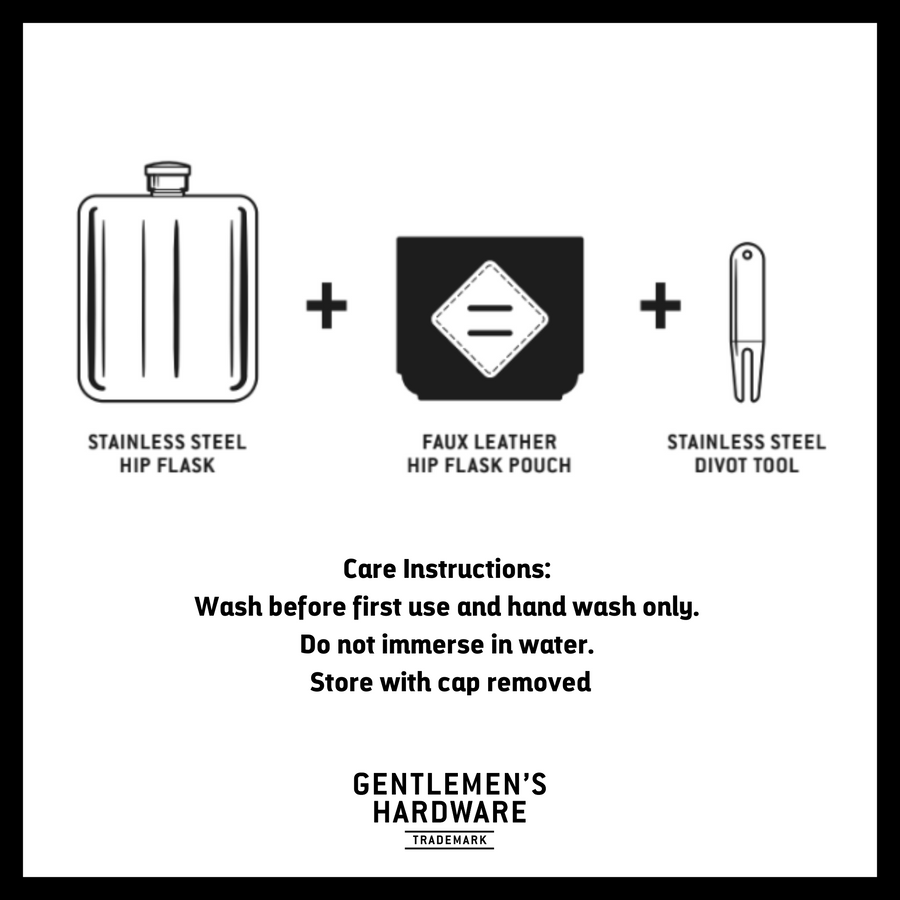 Golfers kit infographic showing stainless steel hip flask, faux leather hip flask pouch, and stainless steel divot tool. Text reads: care instructions: wash before first use and hand wash only. do not immerse in water. store with cap removed.