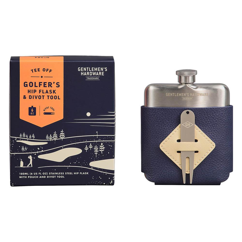 The Golfers Hip Flask & Divot Tool Set features a stainless steel flask in a leather case with a divot tool, shown beside its box labeled “Golfers Hip Flask & Divot Tool Set”—an ideal golfer’s gift.