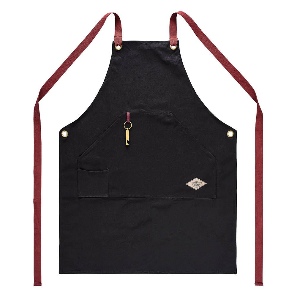 The BBQ Utility Apron & Bottle Opener features a black apron with burgundy neck and waist straps, a large front pocket, small side pocket, loop, and rectangular logo patch—ideal for any barbecue enthusiast.