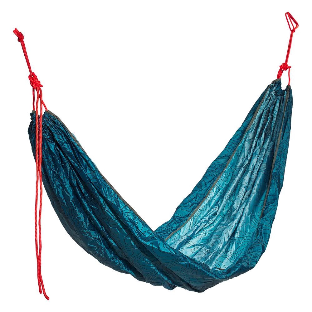 The Travel Hammock, made from teal fabric, hangs by two vibrant red ropes—one on each end—against a white background, making it ideal for any adventure-seeker.