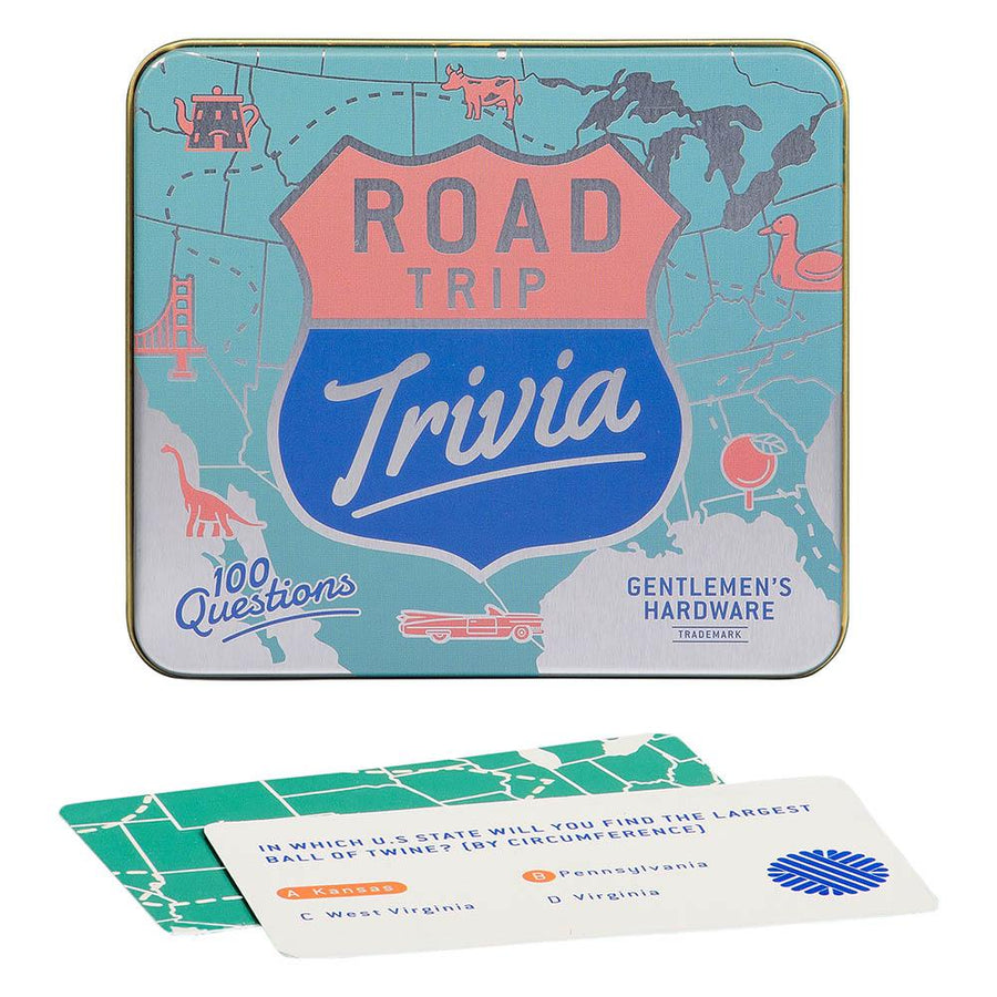 road trip trivia on white background with two cards showing size and design of cards