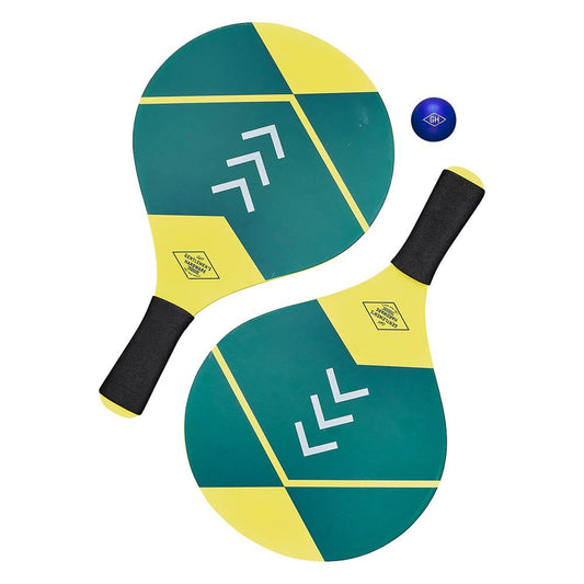 The Paddle Bat Set includes two wooden paddles in green and yellow with black handles, and comes with a small blue paddle ball placed beside them.