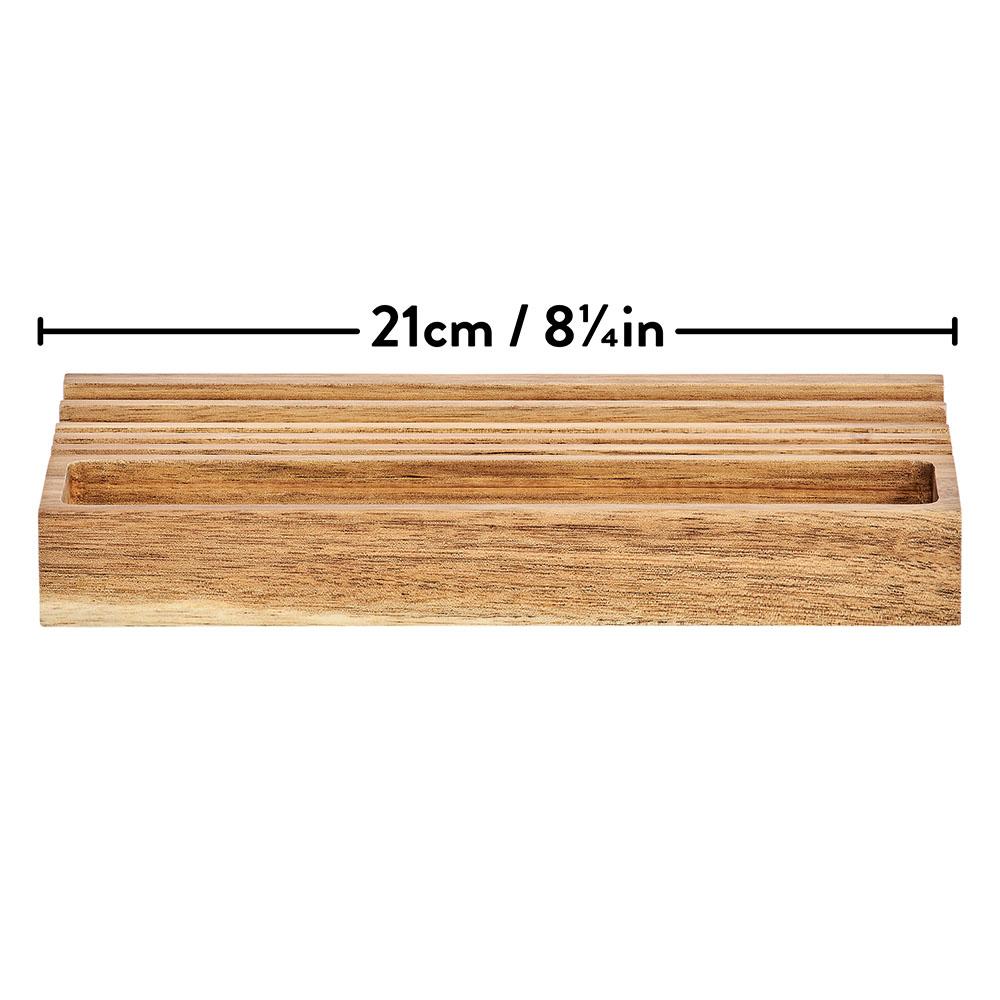 The Wooden Desk Organizer & Phone Stand, crafted from rectangular Acacia wood with grooves and measuring 21 cm (8¼ in) long, is shown against a white background.