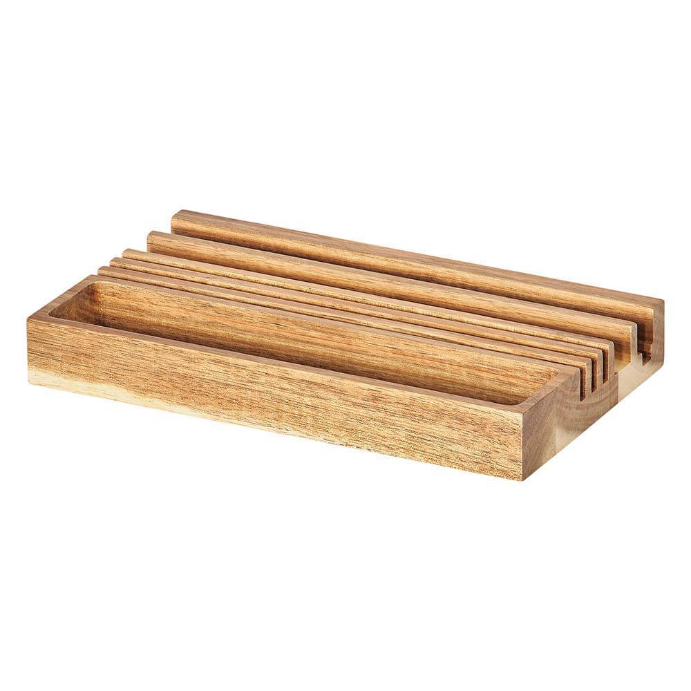 The Wooden Desk Organizer & Phone Stand features four parallel slots for mail or documents and a shallow tray that doubles as a phone stand.