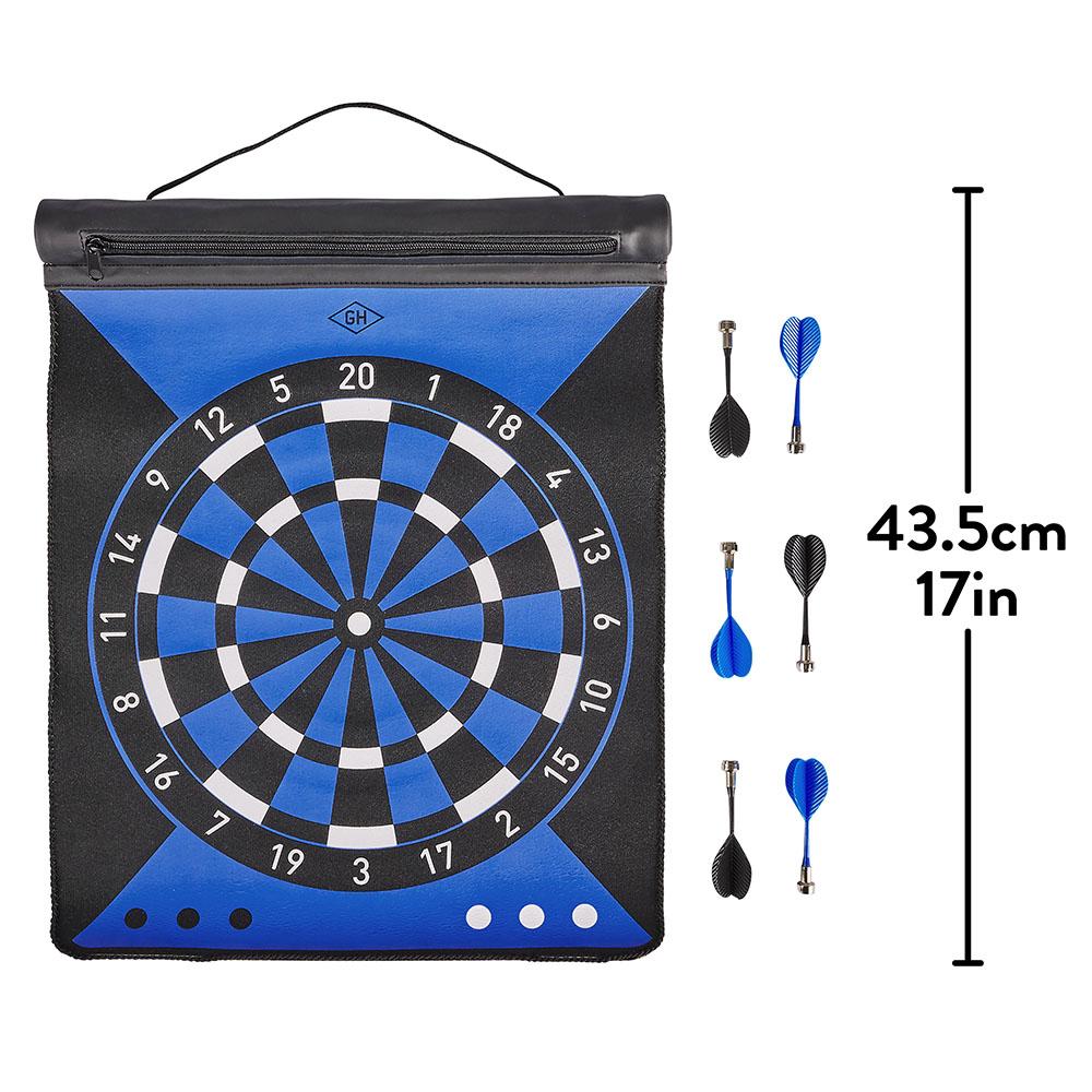 The Magnetic Dartboard Roll is a compact, blue and black reversible dartboard set with six included darts. It measures 43.5 cm (17 inches) in height.