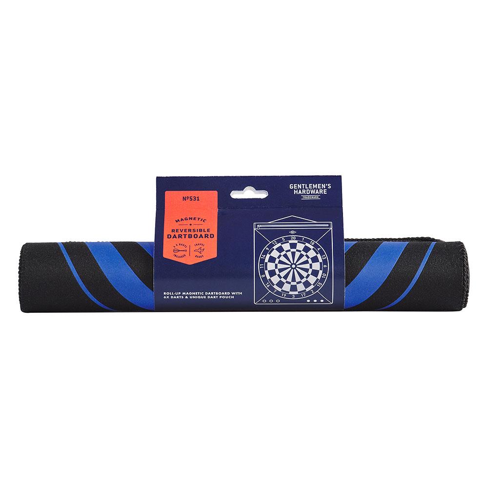 The Magnetic Dartboard Roll is a compact, rolled-up reversible dartboard with a blue and black design, packaged with a label showing a dartboard illustration and product details.