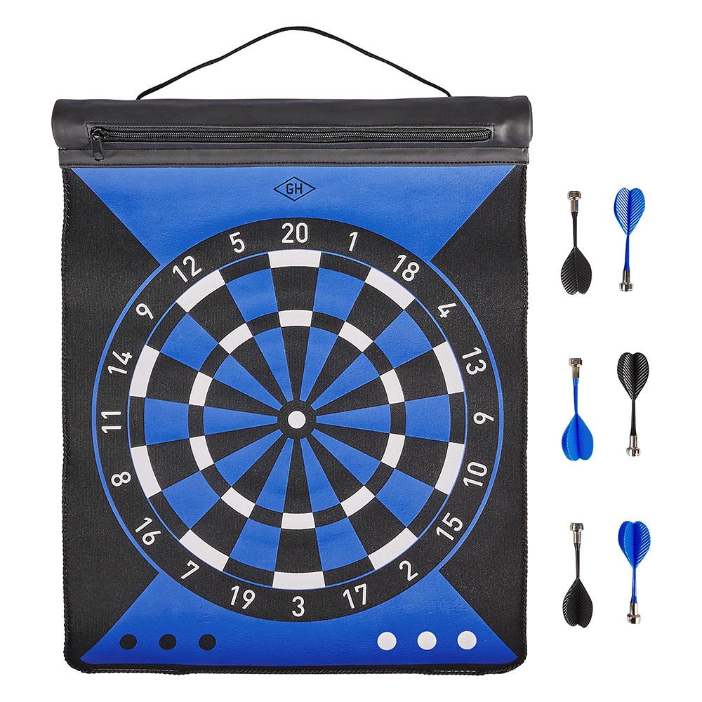The Magnetic Dartboard Roll, featuring blue and black colors with white numbers, hangs on a wall. Six darts—three blue-flighted and three black-flighted—are neatly arranged on the right side.