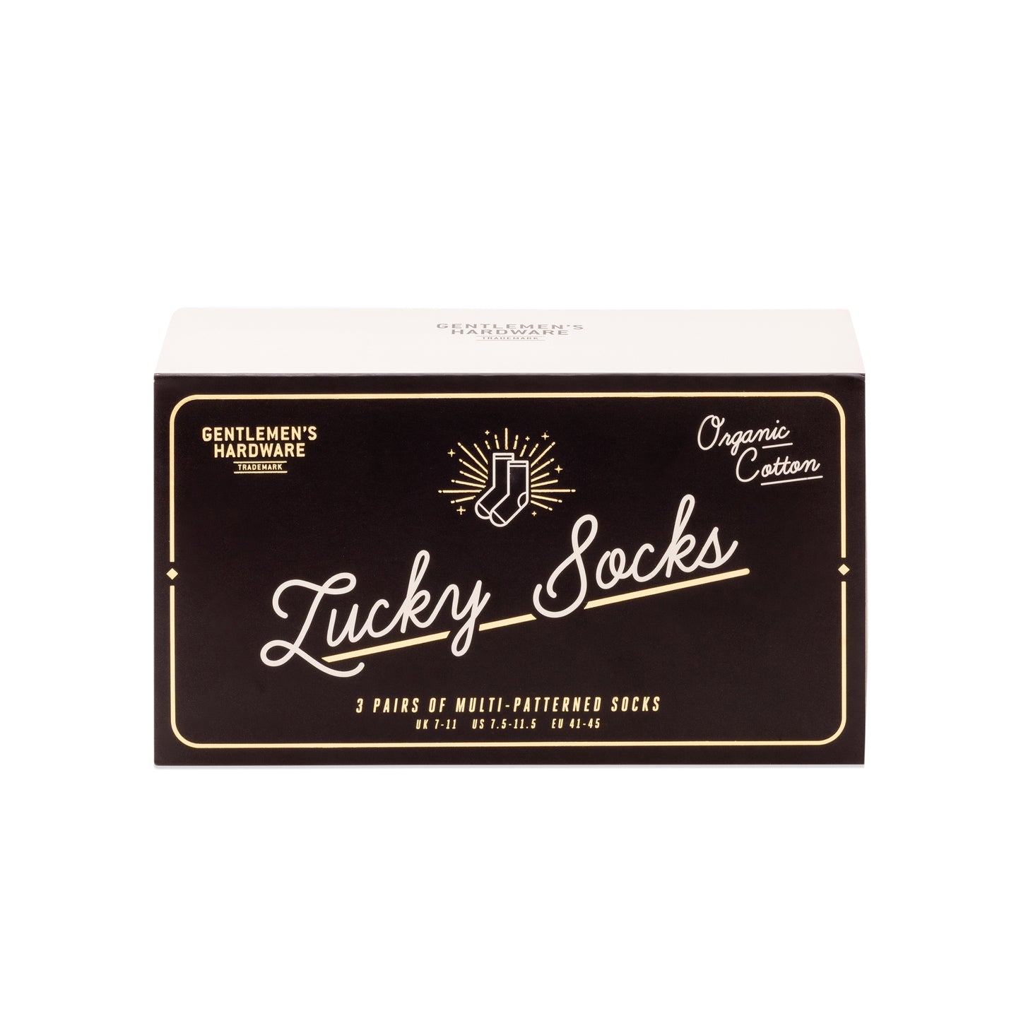 The Lucky Socks - 3 Pack is a rectangular black box containing three pairs of multi-patterned, soft combed cotton socks by Gentlemen’s Hardware.
