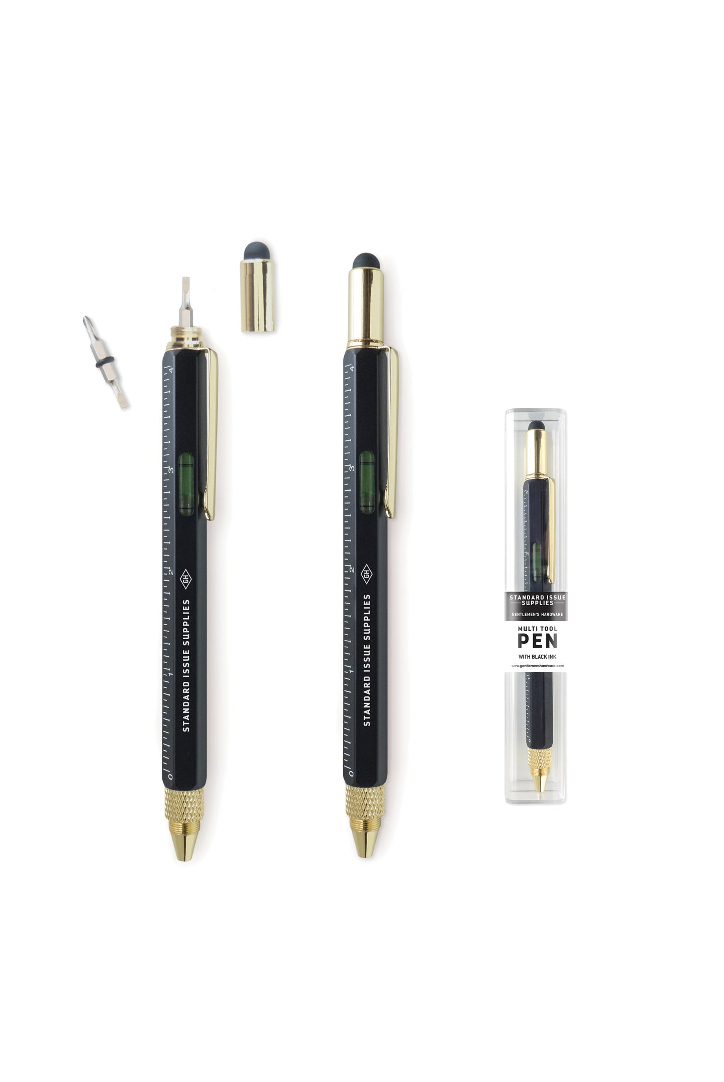Two Standard Issue Black Multitool Pens with a refill are shown, featuring gold accents and ballpoint pen design—one uncapped to display the stylus and pen tips. Packaging is included.