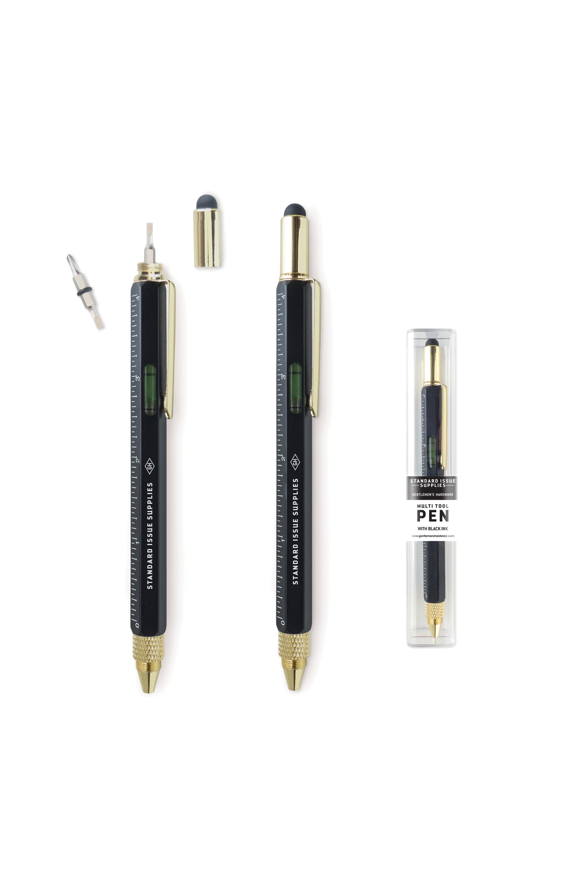 Two Standard Issue Black Multitool Pens with a refill are shown, featuring gold accents and ballpoint pen design—one uncapped to display the stylus and pen tips. Packaging is included.