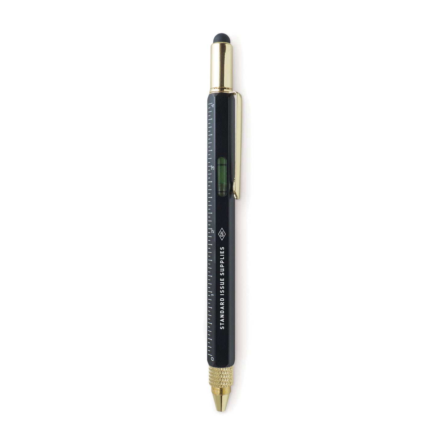 The Standard Issue Black Multitool Pen combines black and gold accents, a side ruler, stylus tip, mini flat head screwdriver, and a metal clip for versatile everyday use.