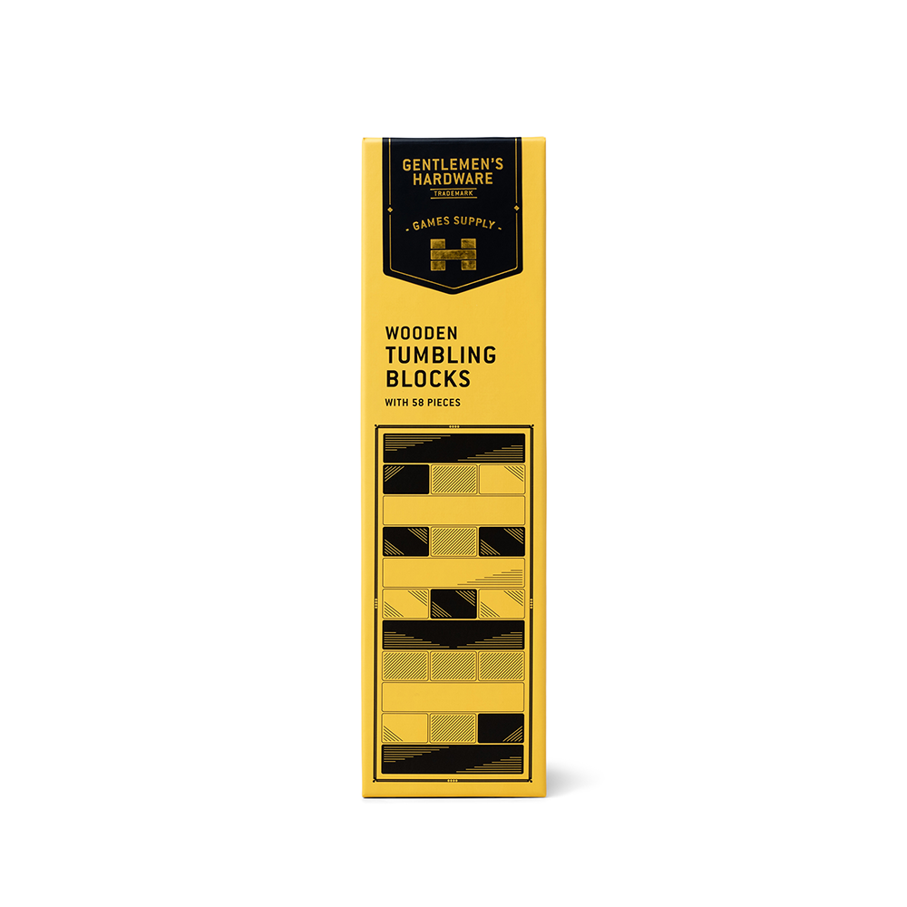 A rectangular yellow box labeled Wooden Tumbling Blocks, with 54 pieces for classic game night fun, packaged in recycled materials.
