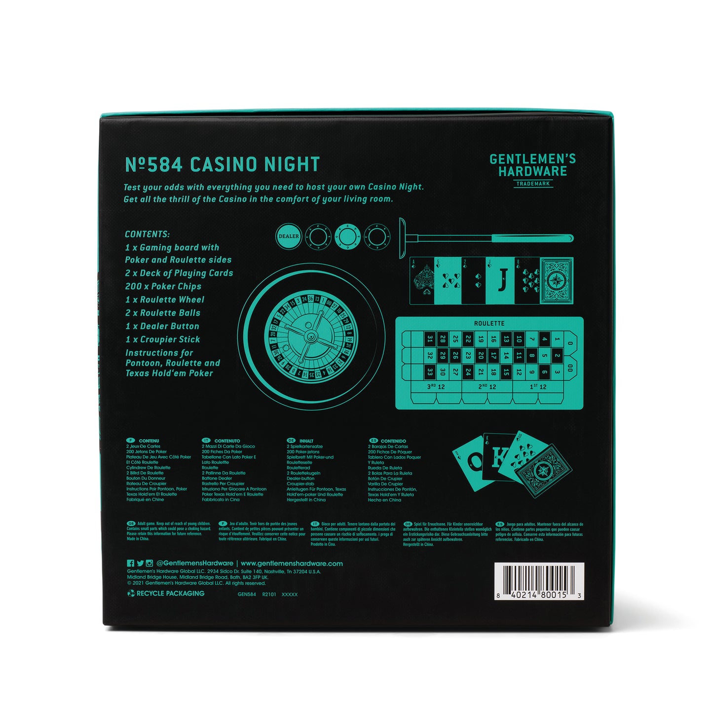 The back of the Casino Night game box displays a contents list, illustrations of the roulette wheel and poker chips, and features product branding on a black background.