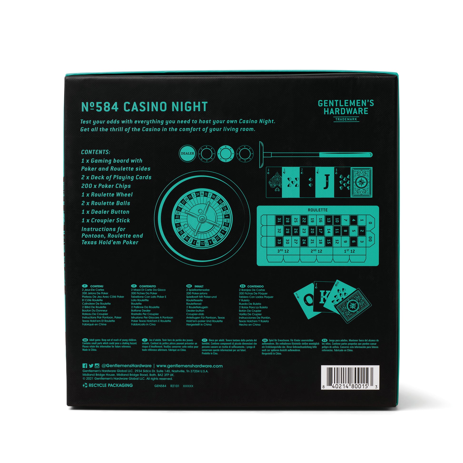 The back of the Casino Night game box displays a contents list, illustrations of the roulette wheel and poker chips, and features product branding on a black background.