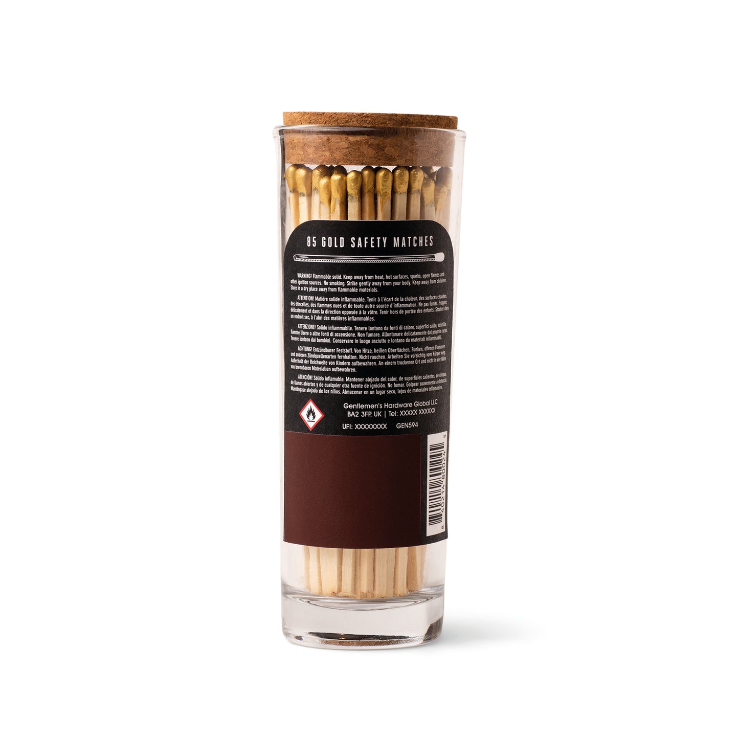 The Perfect Match Safety Matches - 85 Ct come in a clear glass jar with a cork lid and gold-tipped matches. The back label shows info, warnings, and a barcode. A built-in striker adds convenience—ideal for accenting any candle display.