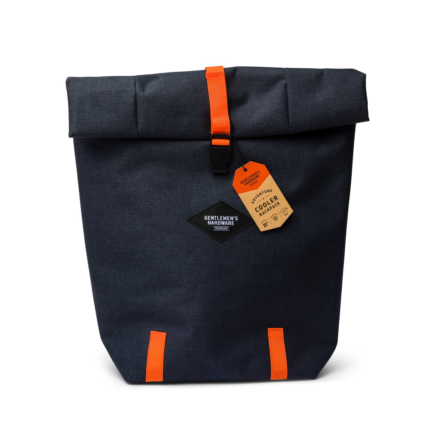 The Insulated Cooler Backpack is dark gray with orange straps, a black patch logo, and two product tags on the buckle, shown upright against a white background.