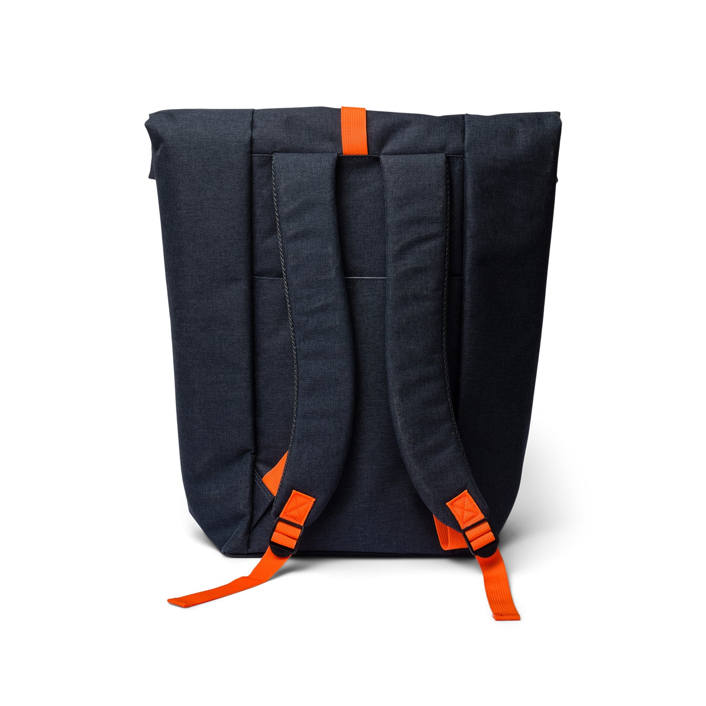 The Insulated Cooler Backpack, featuring a dark gray design and orange adjustable shoulder straps, is displayed standing upright on a white background.