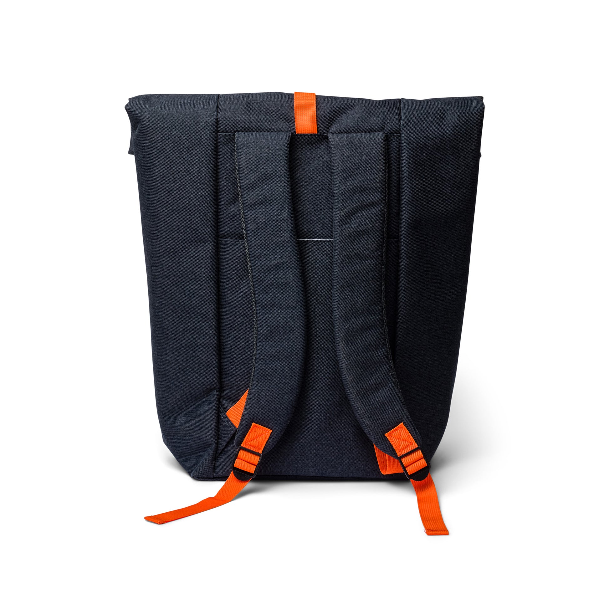 The Insulated Cooler Backpack, featuring a dark gray design and orange adjustable shoulder straps, is displayed standing upright on a white background.