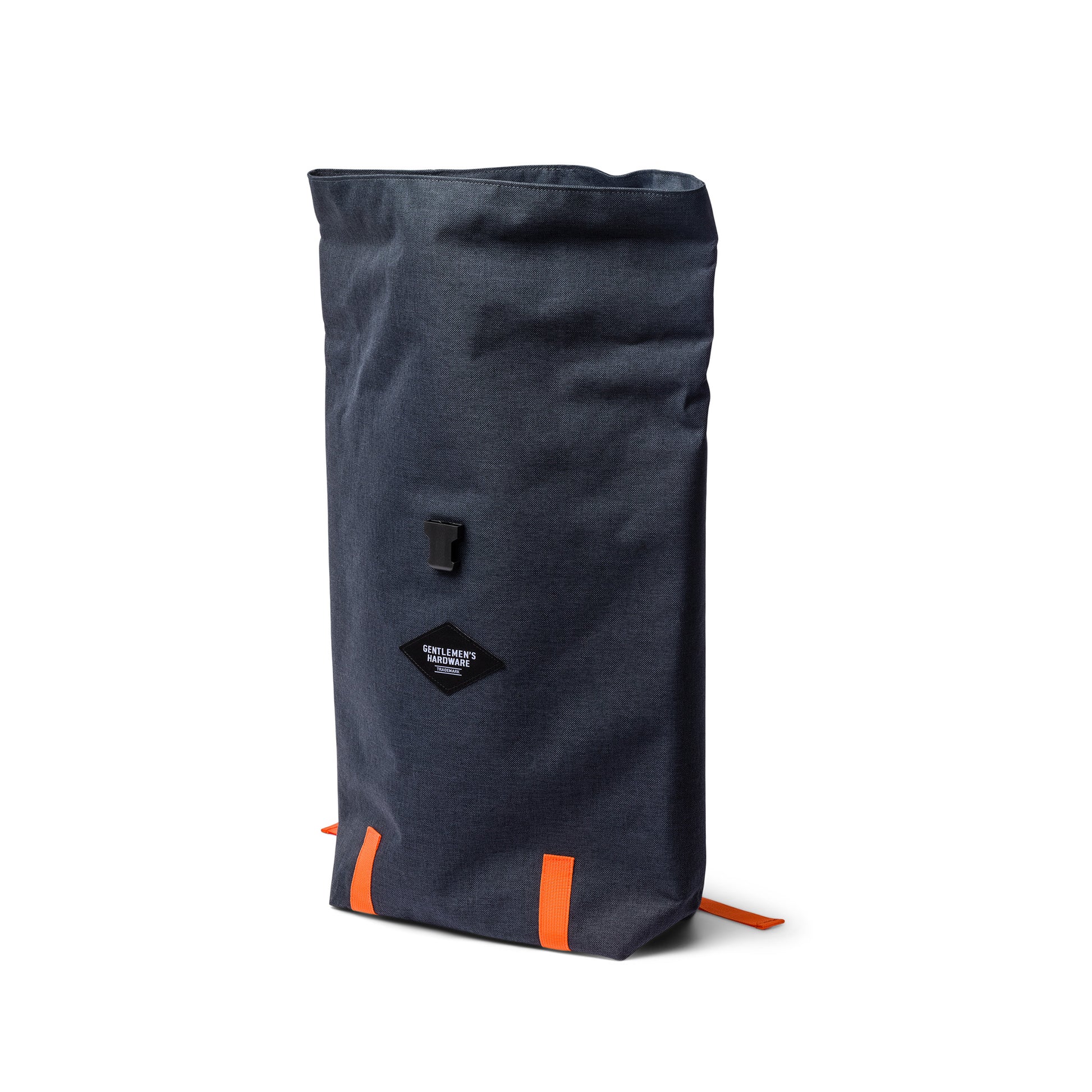The Insulated Cooler Backpack is tall and rectangular, featuring a dark gray color, orange straps at the base, and a small black patch on the front.