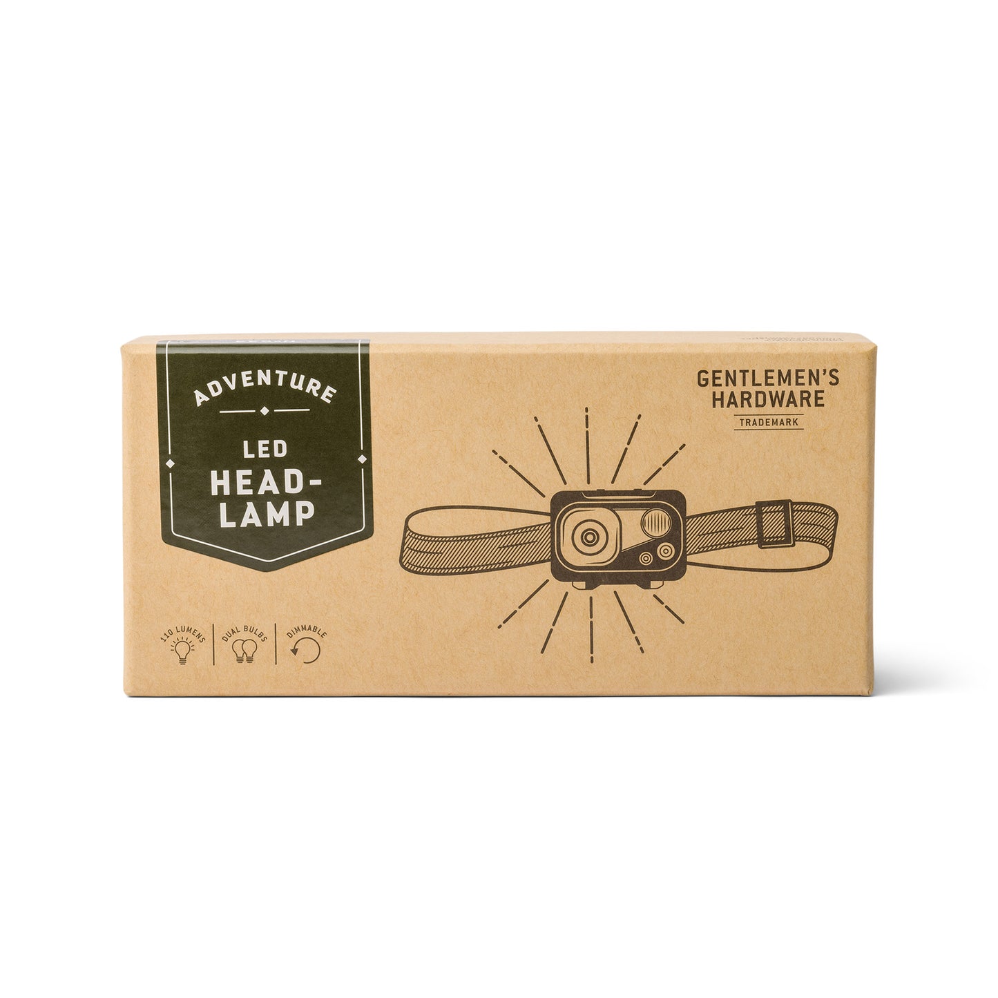 A cardboard box labeled LED Head Lamp, featuring a headlamp illustration and adjustable headband for comfortable outdoor lighting, branded Gentlemens Hardware.