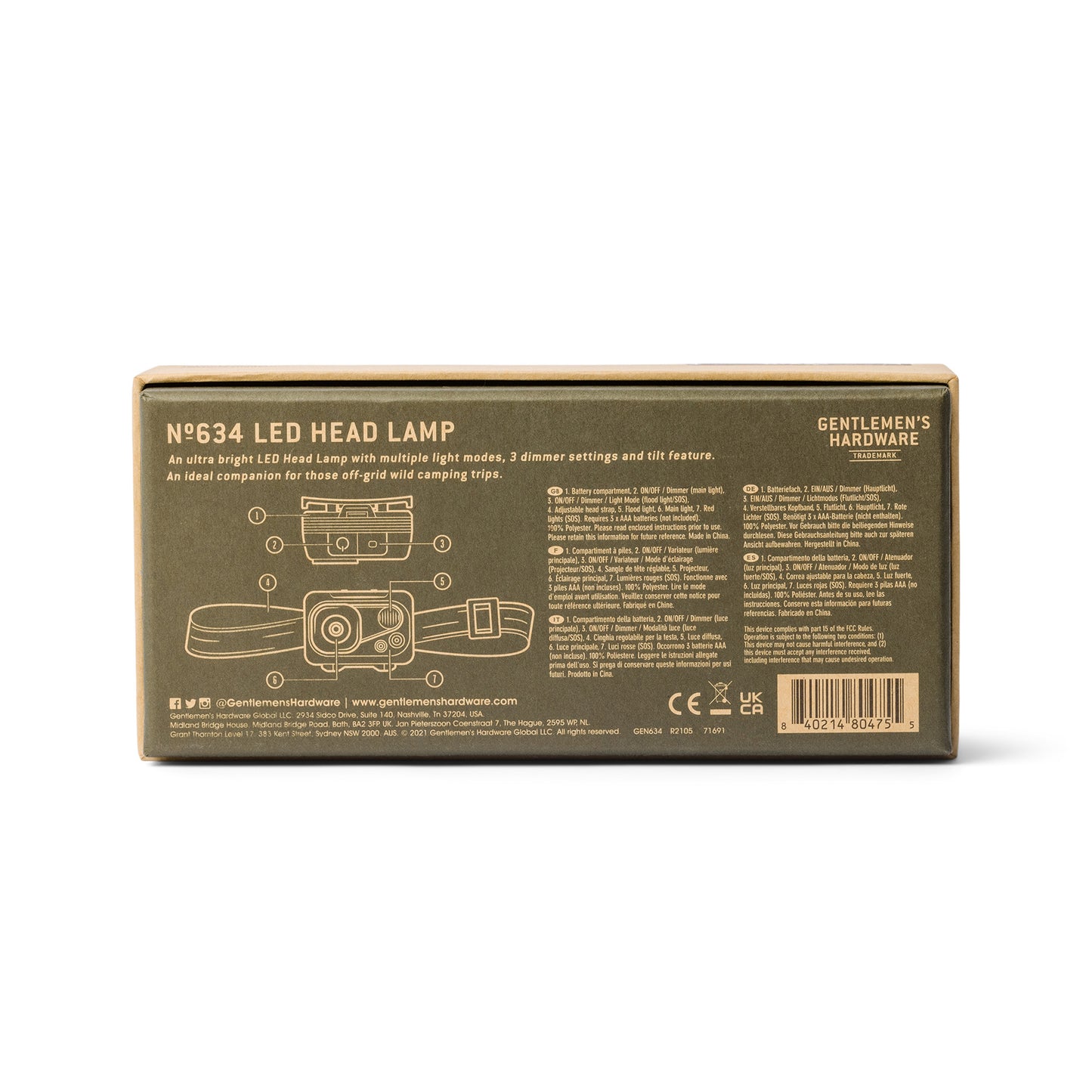 Back of a box for an LED Head Lamp featuring a product illustration, details on outdoor lighting features, an adjustable headband, and company information.