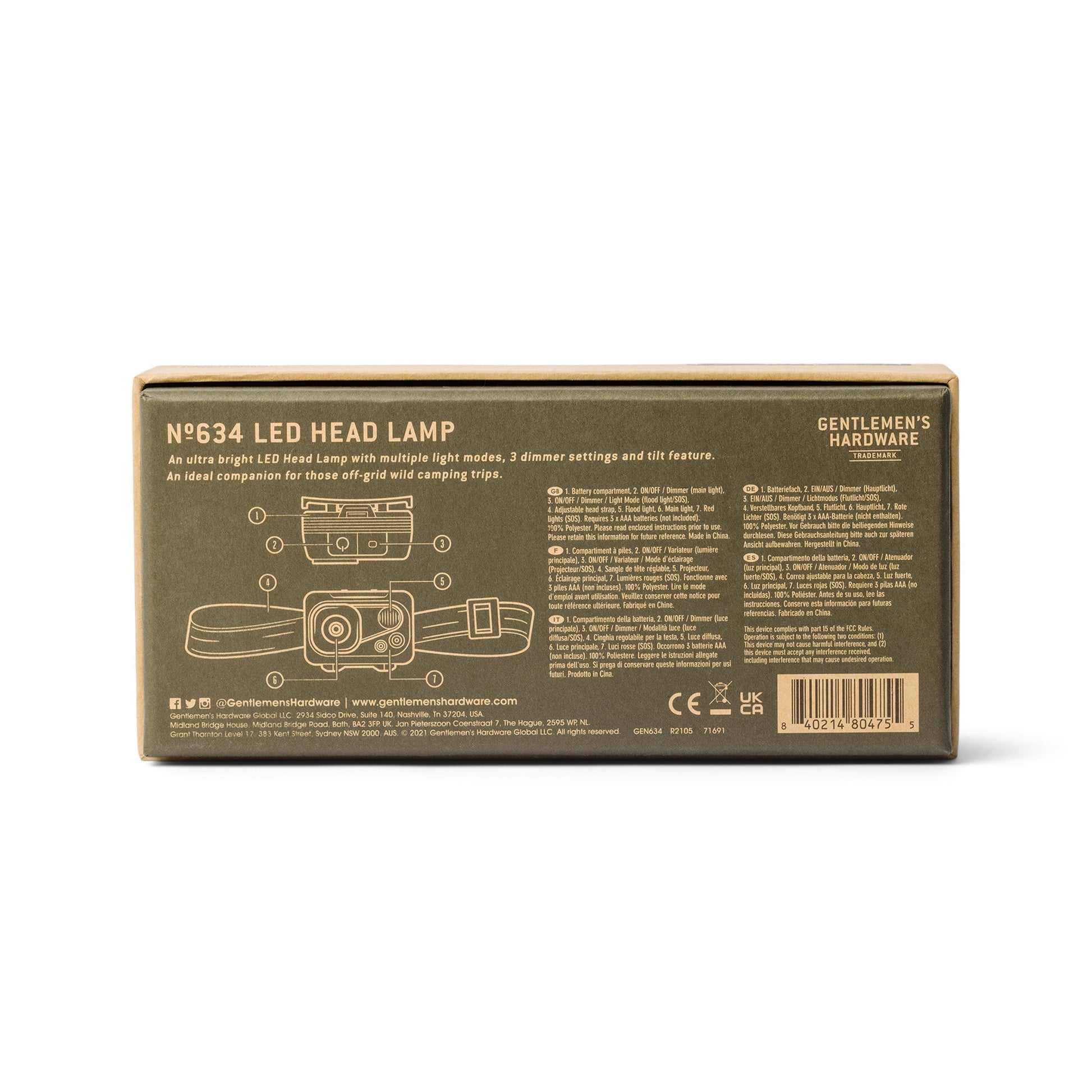 Back of a box for an LED Head Lamp featuring a product illustration, details on outdoor lighting features, an adjustable headband, and company information.