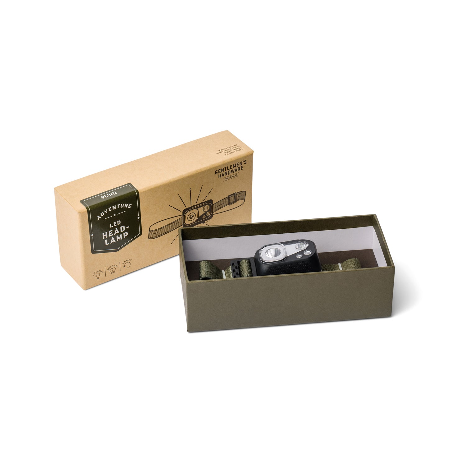 The LED Head Lamp, featuring an olive green adjustable headband, is shown in an open green box beside its brown packaging—ideal for outdoor lighting needs.