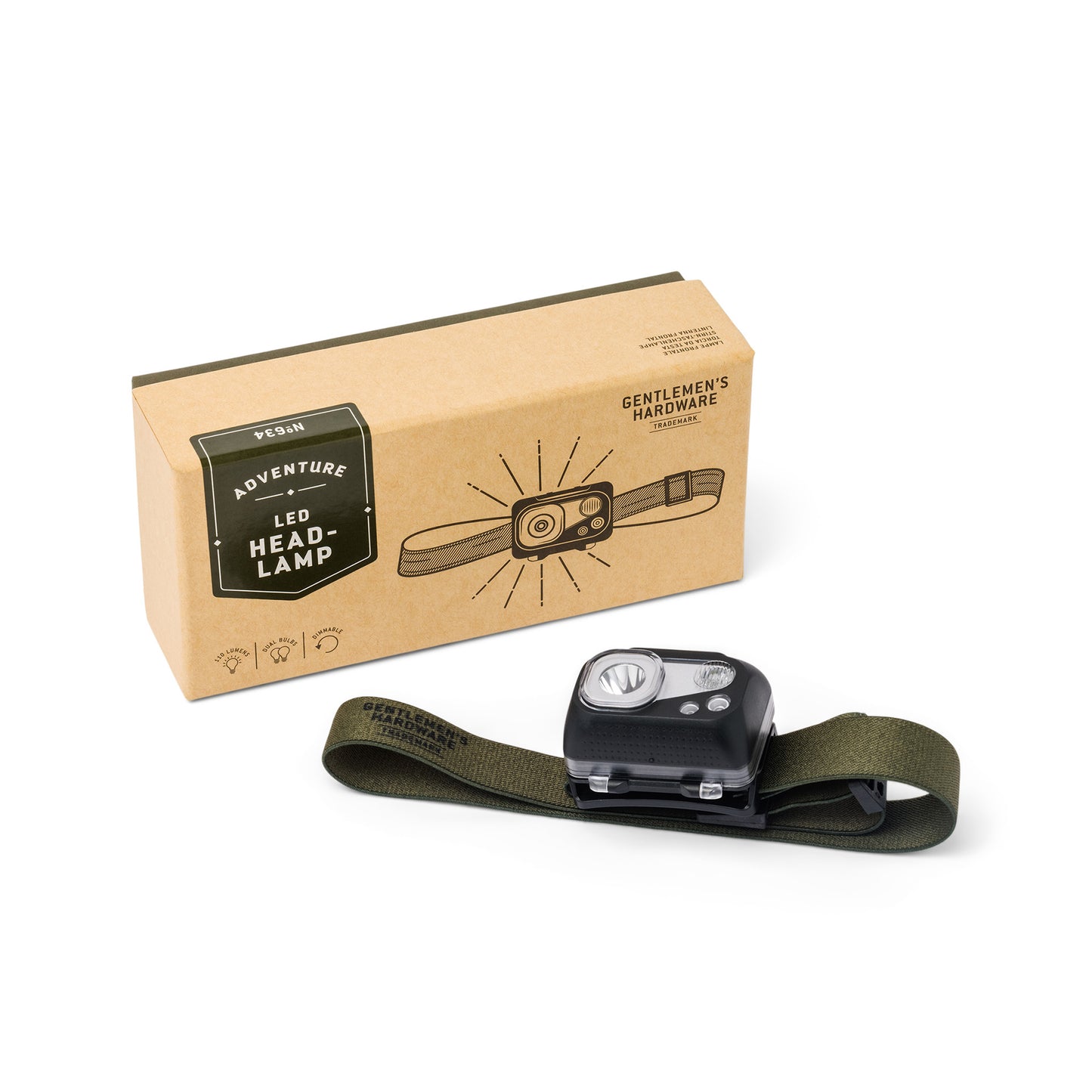 An LED Head Lamp sits next to an olive green and black headlamp with an adjustable headband, ideal for outdoor lighting needs.
