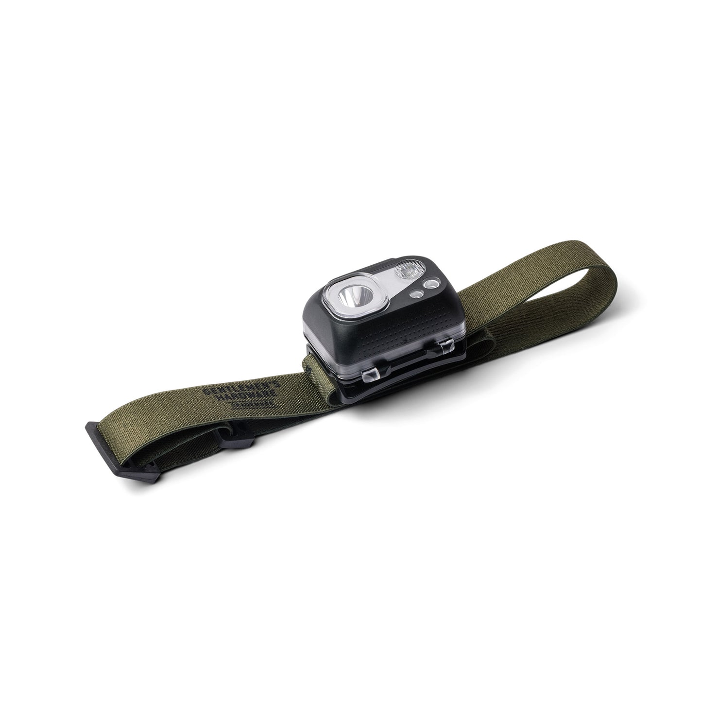 The LED Head Lamp, featuring a compact black body and an olive green adjustable headband, is ideal for outdoor lighting and shown against a white background.