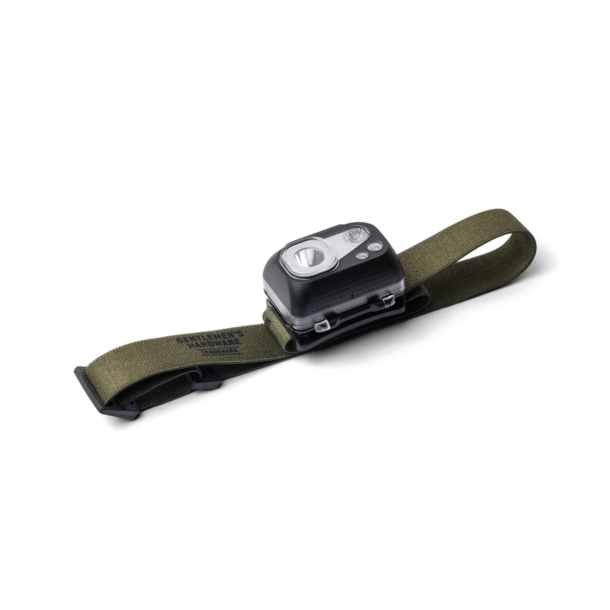 The LED Head Lamp, featuring a compact black body and an olive green adjustable headband, is ideal for outdoor lighting and shown against a white background.