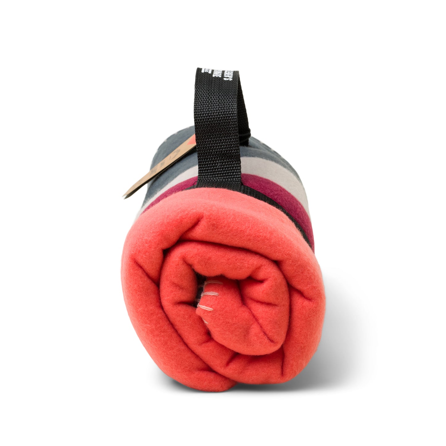 The Camping Blanket is a lightweight fleece with red, gray, white, and purple stripes, featuring a black carrying strap. Ideal for outdoor adventures or camping, its shown on a crisp white background.