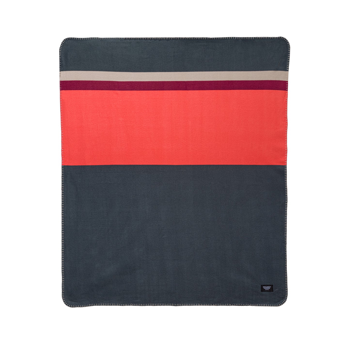 The Camping Blanket is a lightweight, rectangular blanket with dark green, red, and beige horizontal stripes and stitched edges—ideal for outdoor adventures. Displayed flat on a white background.