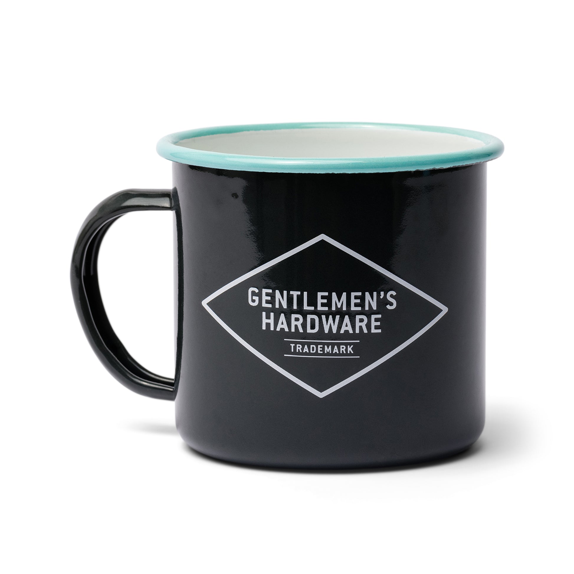 A black 11 oz enamel mug with Sleep Under the Stars design and a light blue interior, perfect for camping. Features Gentlemens Hardware Trademark printed in white on the front.