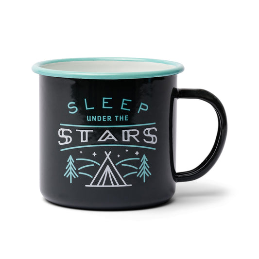 The Enamel Mug - Sleep Under the Stars 11 oz features camping graphics and the phrase Sleep Under the Stars, making it ideal for your next outdoor adventure.