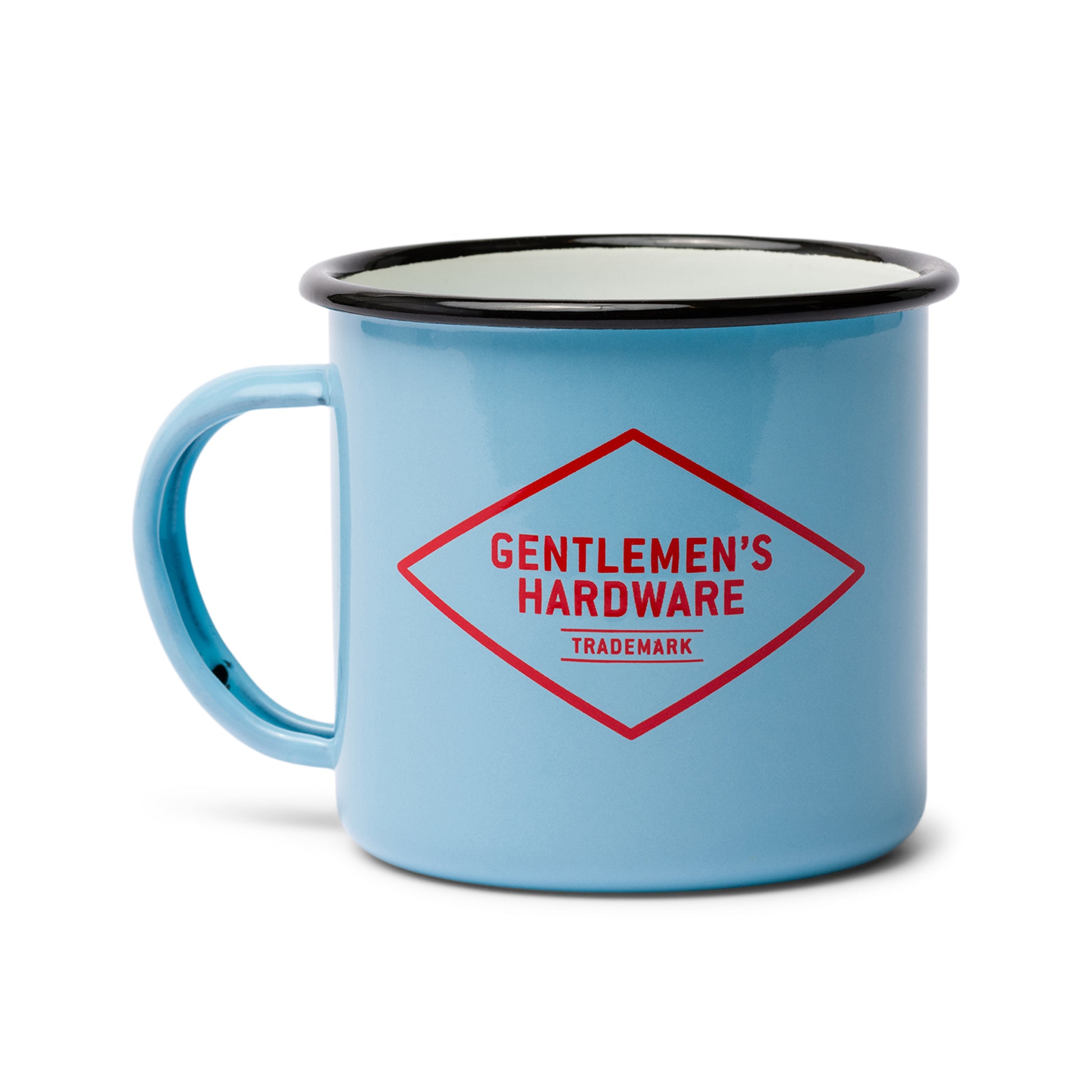 A light blue 11 fl oz Enamel Mug with a black rim and “Camp. Explore. Discover.” printed on the side, perfect for camping trips or outdoor adventures.
