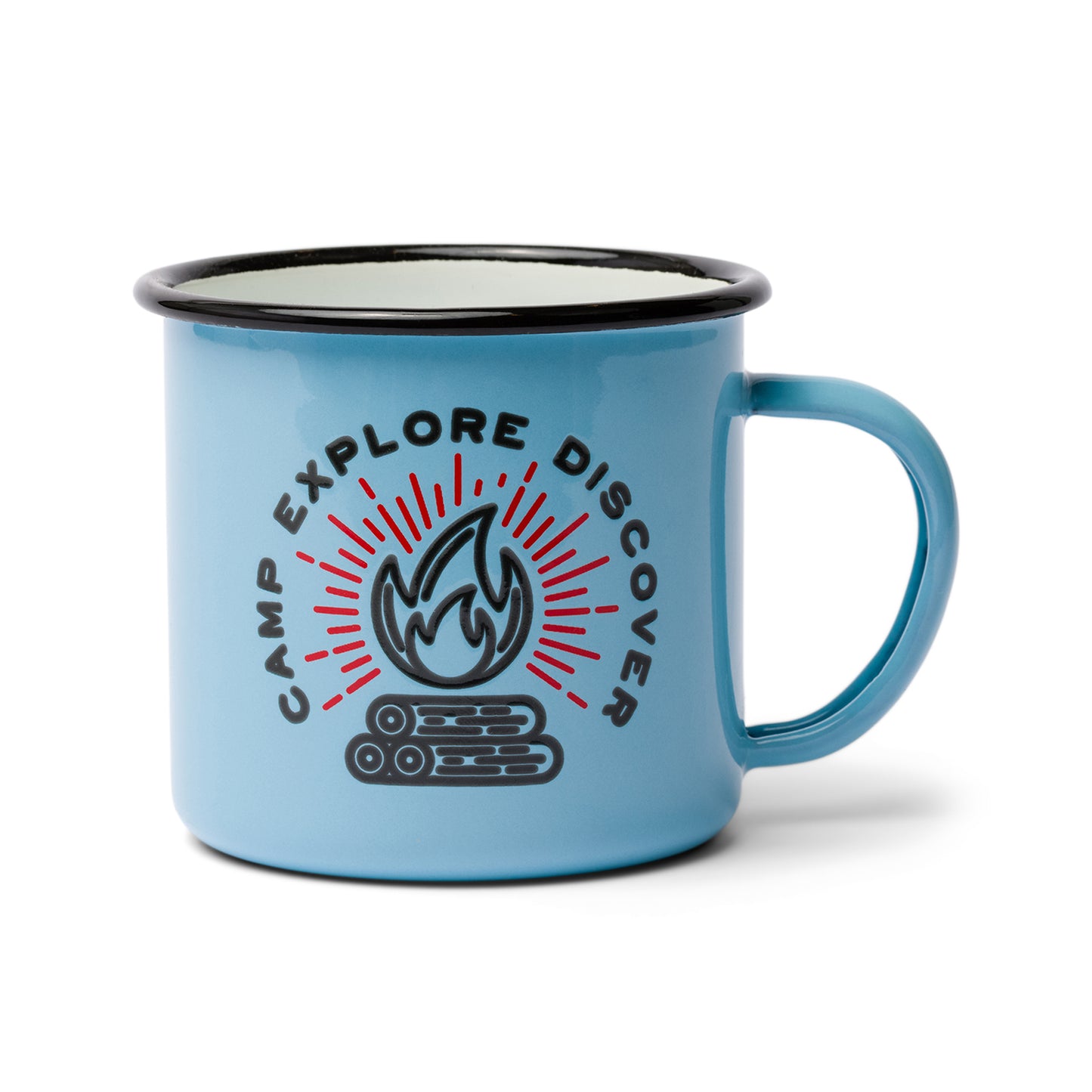The Enamel Mug - Camp. Explore. Discover. 11 fl oz is a light blue outdoor mug with a black rim, featuring a campfire illustration and “Camp. Explore. Discover.” text—a perfect choice for your next camping adventure.