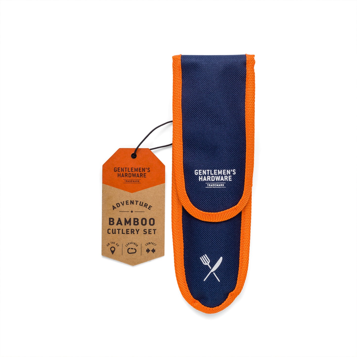 A blue and orange fabric pouch labeled Gentlemens Hardware sits next to a brown tag with Travel Bamboo Cutlery Set, featuring reusable utensils perfect for travel.