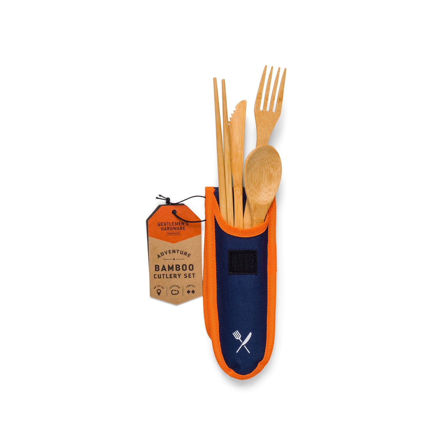 The Travel Bamboo Cutlery Set includes a reusable fork, knife, spoon, and chopsticks in an orange and navy pouch with a brown tag.