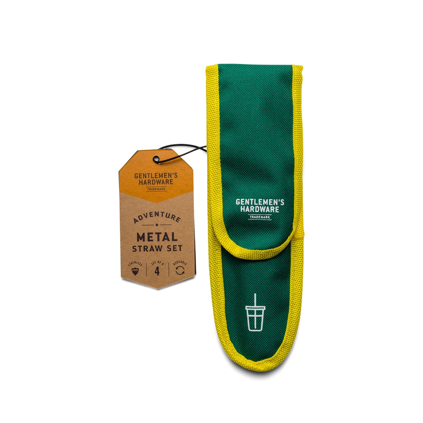 A green and yellow fabric case labeled Gentlemens Hardware sits next to a brown tag reading Travel Metal Straw Set, showing it contains four portable metal straws.