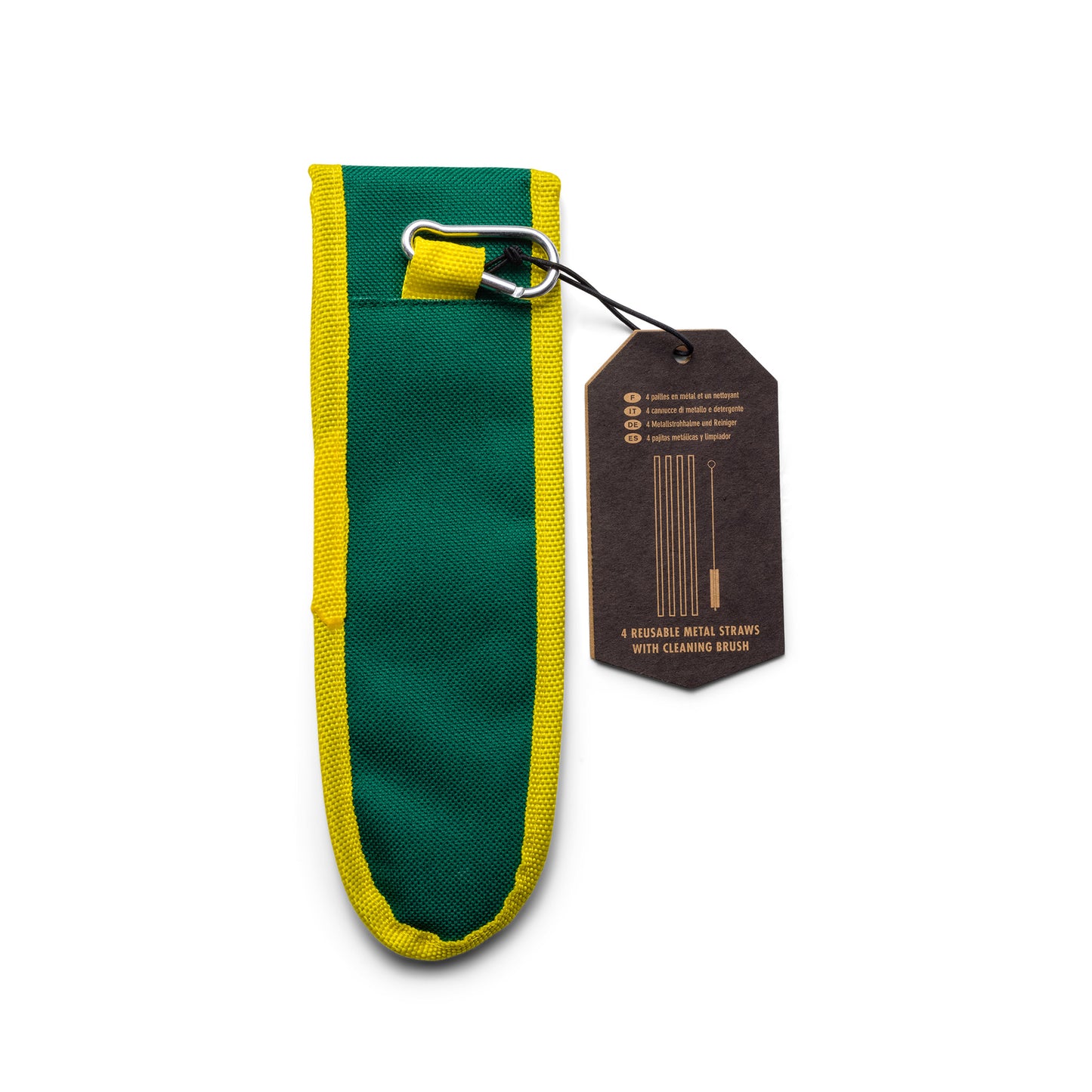 The Travel Metal Straw Set includes four portable, reusable metal straws and a cleaning brush in a green and yellow fabric pouch with a metal keyring and an attached tag.