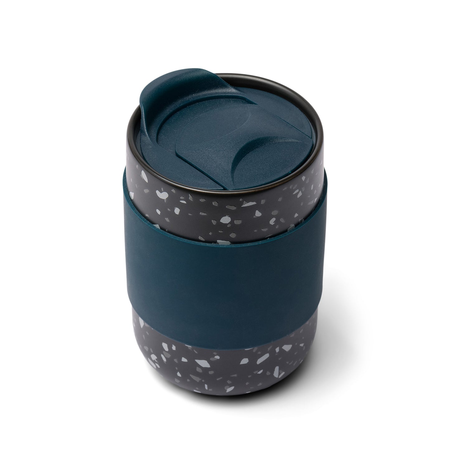 The Ceramic Travel Coffee Mug 13.5 oz features a speckled finish, dark teal lid, and matching silicone grip, displayed against a white background.