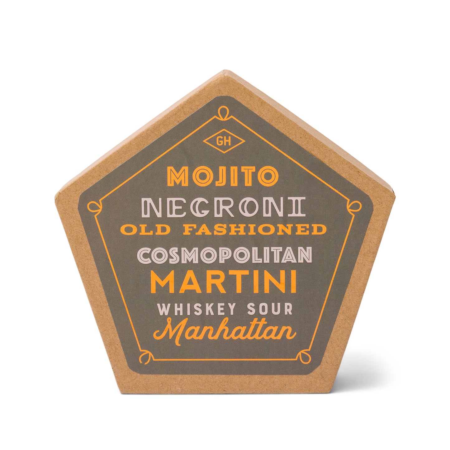 Pentagon-shaped Cocktail Coasters, Set of 4, feature names of classic cocktails—Mojito, Negroni, Old Fashioned, Cosmopolitan, Martini, Whiskey Sour, Manhattan. A stylish ceramic coaster set and unique barware gift for cocktail lovers.